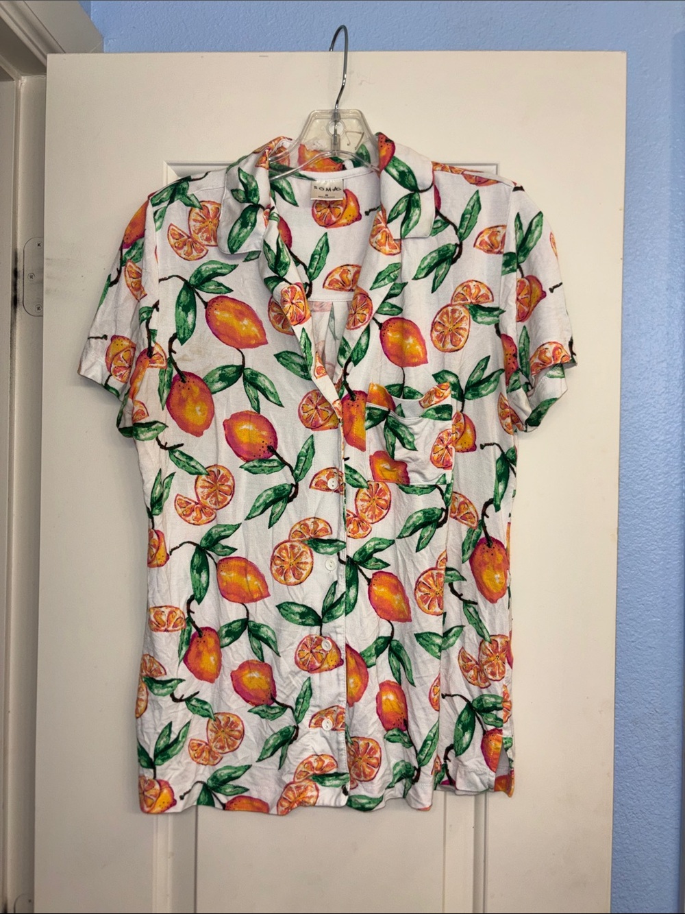 Soma cool nights White button Shirt with Orange & Green Citrus Print S M